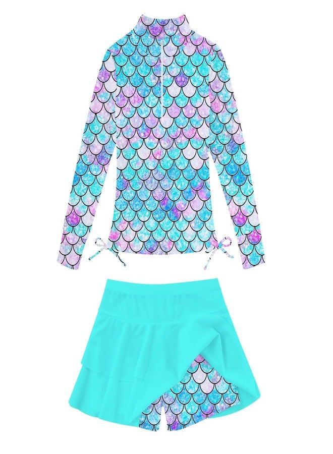 Vogseek Size 9-10 Girl's Bathing Suits 2 Pieces Rashguard 9-10 Years Big Girl Swimming Skirt with Shorts Swimsuit Mermaid Rash Guard Sun Protection Blue Swimwear for Child Beachwear Long Sleeve 3D Printed - Image 1